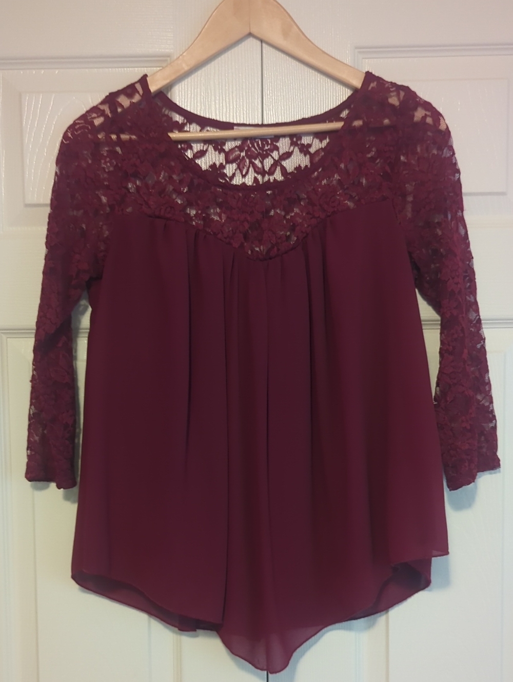 JODIFL Burgundy Lace Yoke Peasant Blouse